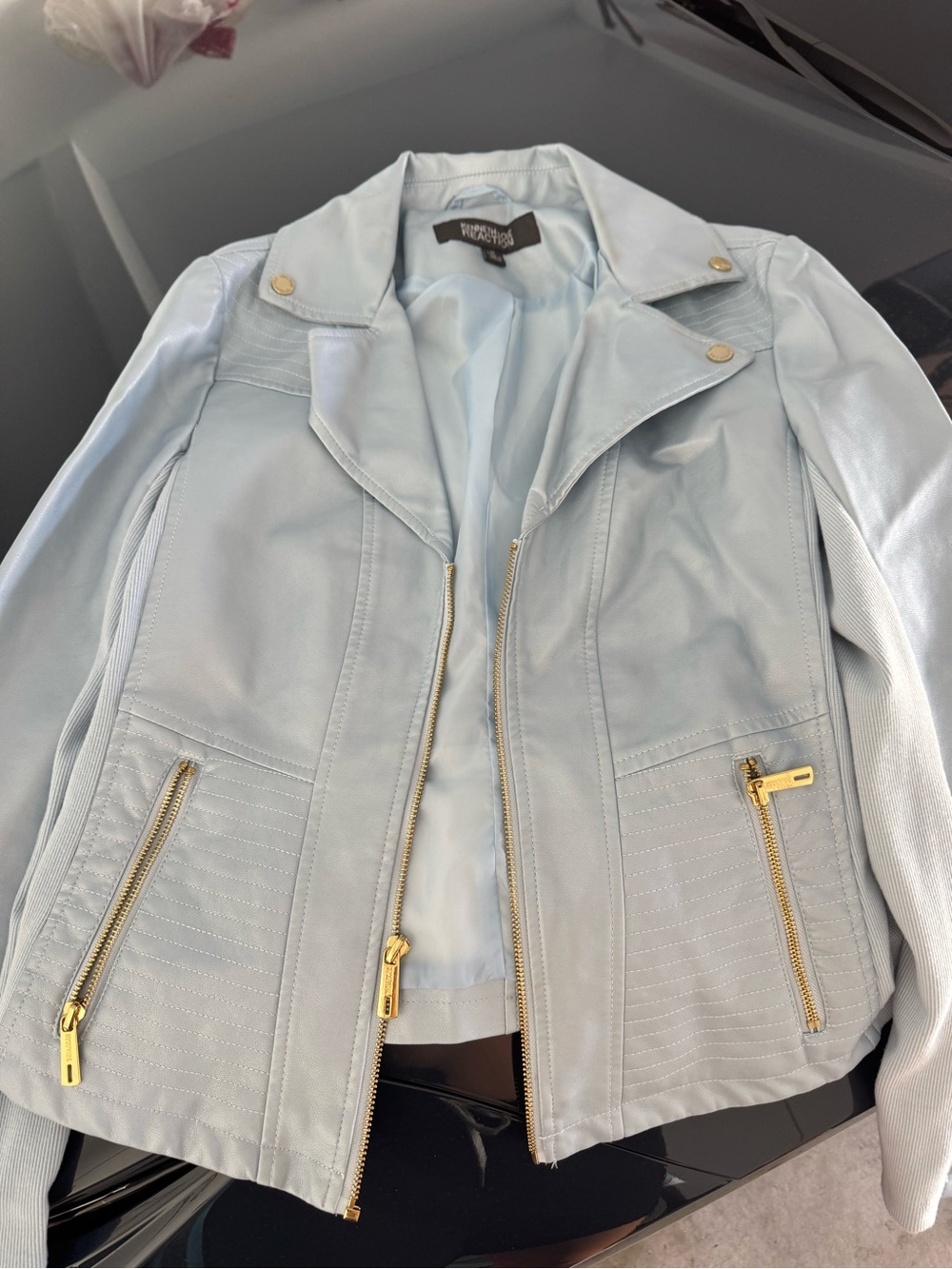 Kenneth Cole Reaction Pale Blue Faux Leather Moto Jacket with Gold Hardware